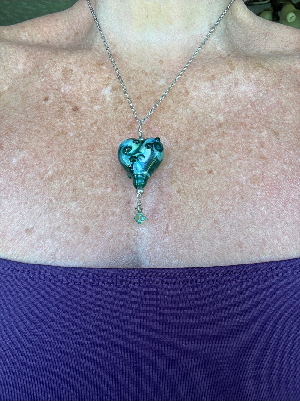 Stunning Murano Glass
Handmade Green Glass Heart Pendent.
Swarovski Crystal.